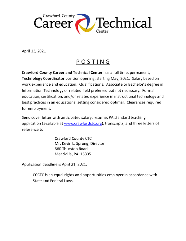 Job Opportunity at Crawford County Career and Technical Center